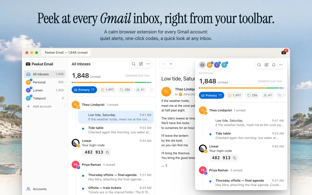 Peekat Email showing All Inboxes with 1,848 unread across three accounts named Personal, Lumen and Tidepool, and the toolbar popup open over it