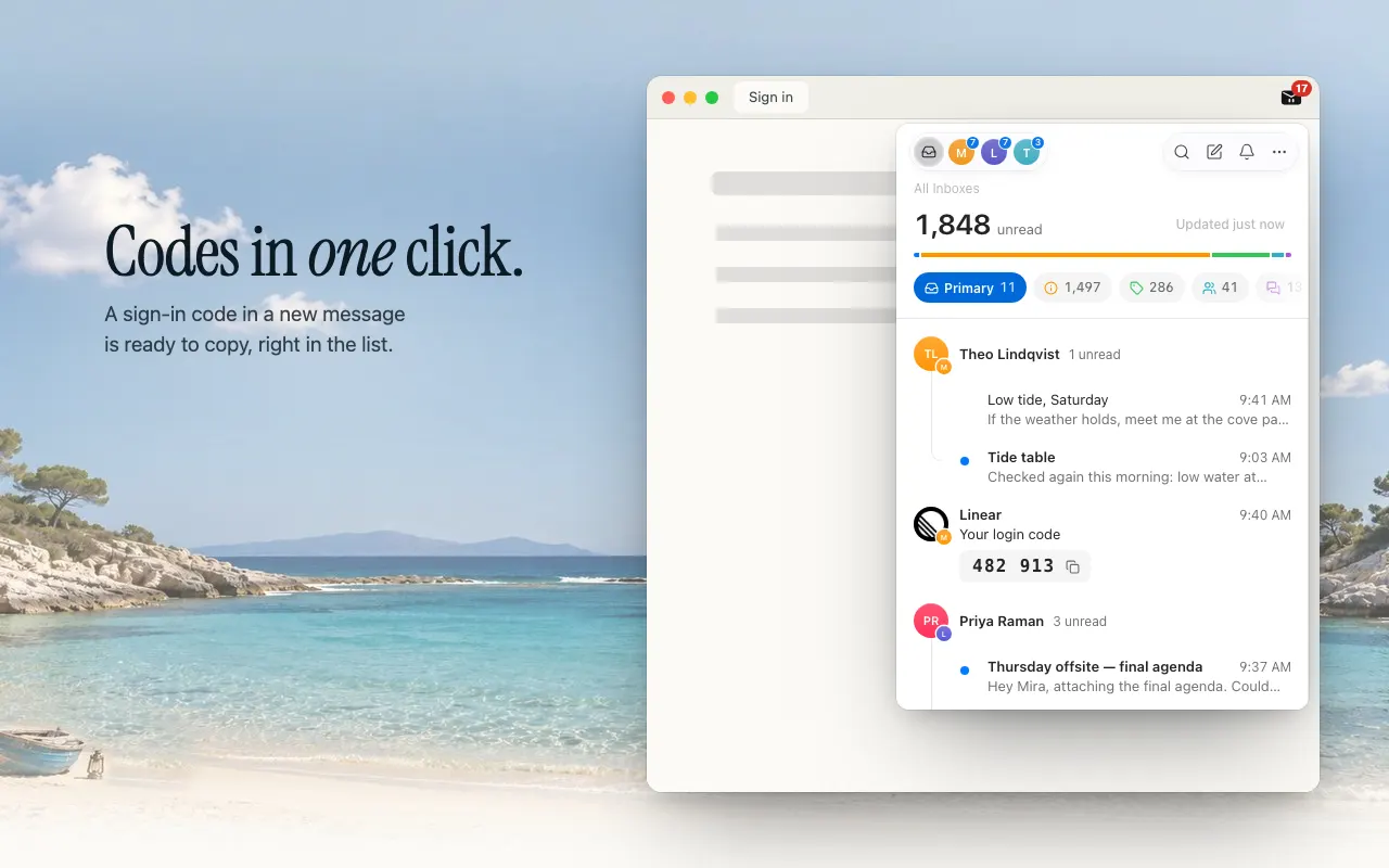 The Peekat Email popup over a sign-in page: a message from Linear titled Your login code, with the code 482 913 and a copy button beside it
