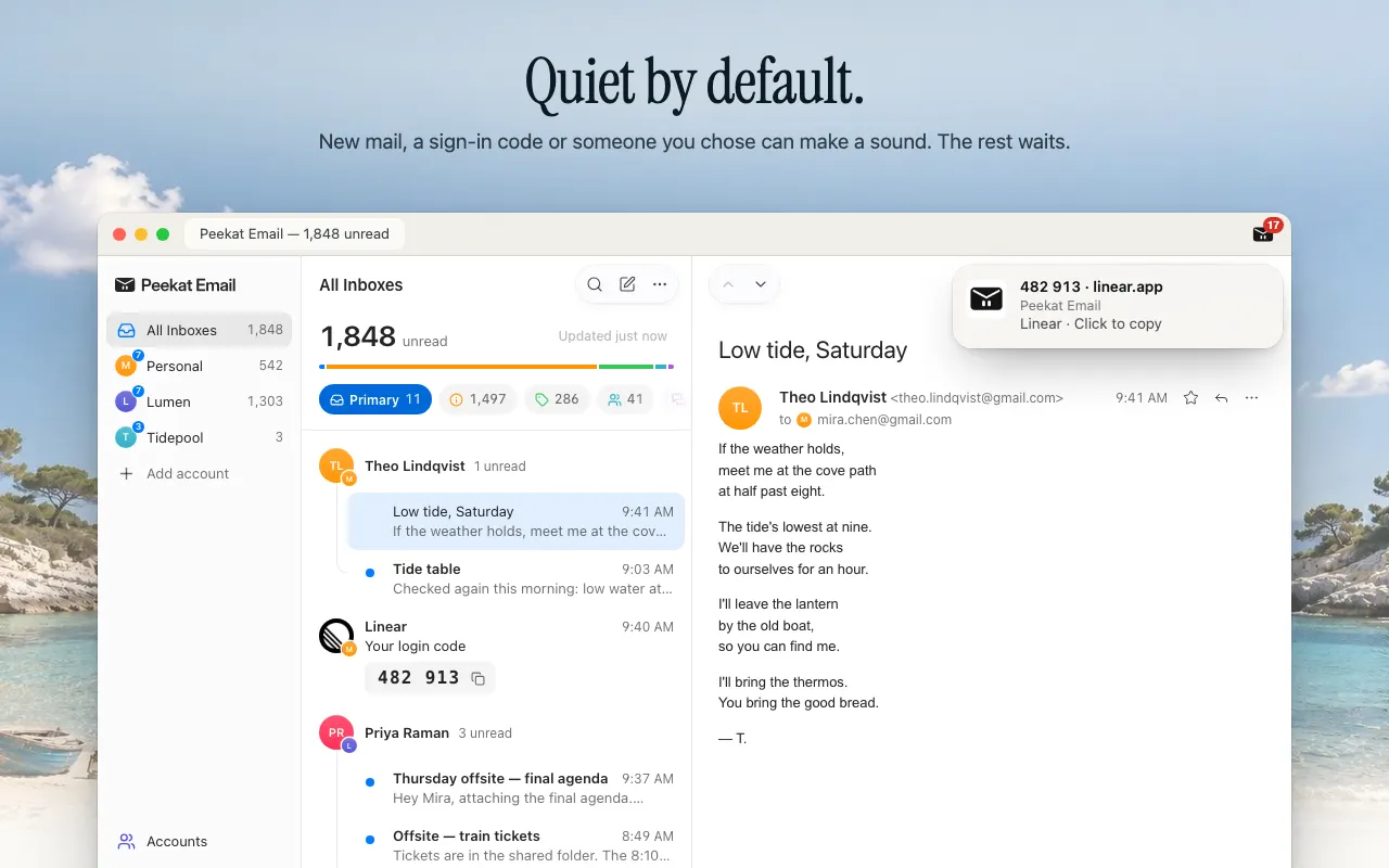 Peekat Email in a browser window: the list of unread mail across accounts, and one macOS notification with a login code and the words Click to copy